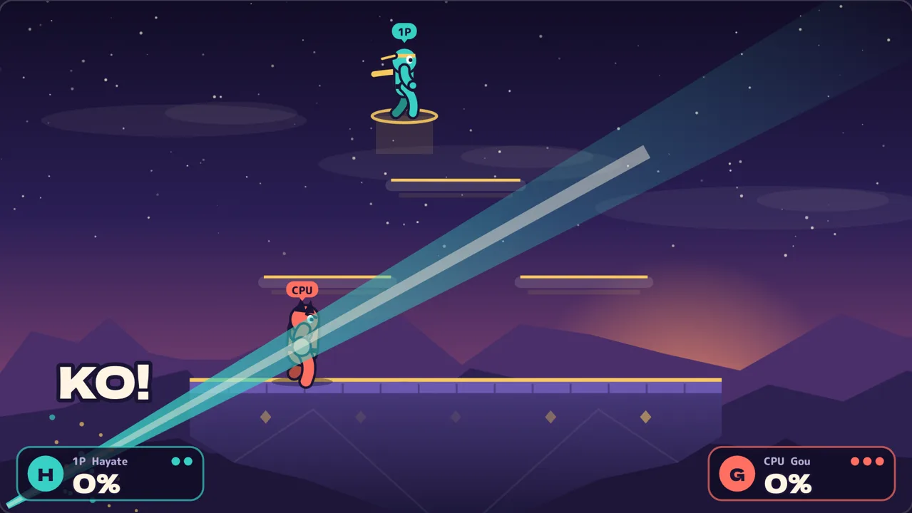 ゲーム画面。撃墜された瞬間に光の筋が画面の外へ伸び、KO!の文字が出ている
